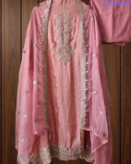 Tissue Unstitched Suit Set with Zari & Mirror Work and Scalloped Organza Dupatta