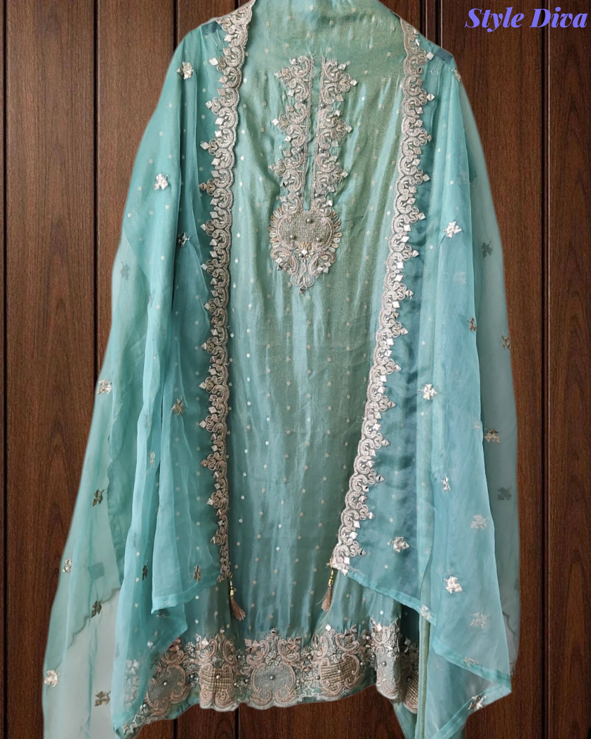 Tissue Unstitched Suit Set with Zari & Mirror Work and Scalloped Organza Dupatta