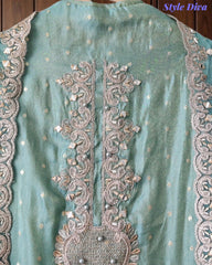 Tissue Unstitched Suit Set with Zari & Mirror Work and Scalloped Organza Dupatta