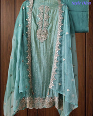 Tissue Unstitched Suit Set with Zari & Mirror Work and Scalloped Organza Dupatta