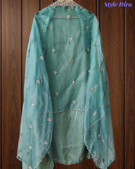 Tissue Unstitched Suit Set with Zari & Mirror Work and Scalloped Organza Dupatta