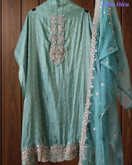 Tissue Unstitched Suit Set with Zari & Mirror Work and Scalloped Organza Dupatta