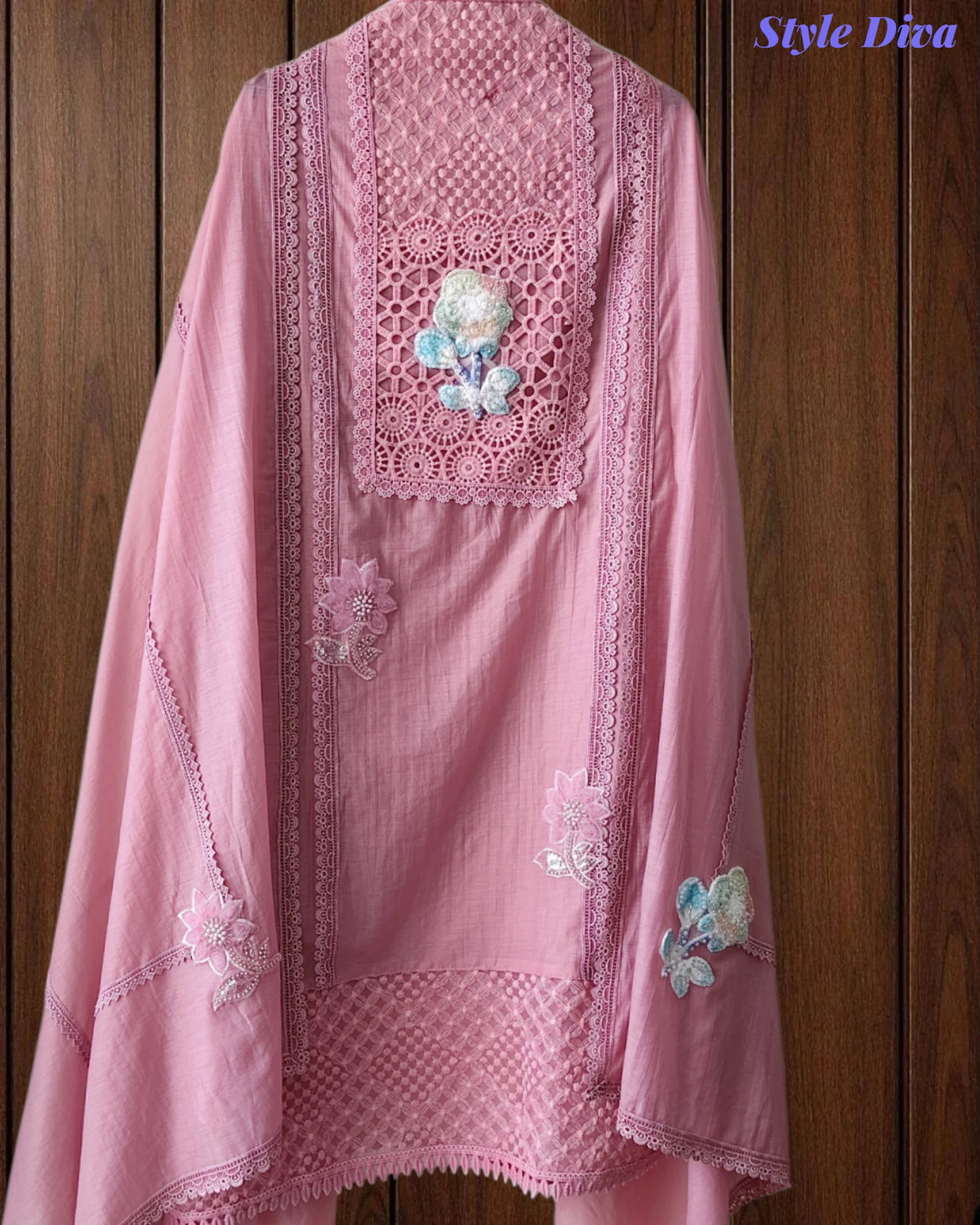 Cotton (Khadi) Pakistani Crochet Lacing Embroidered Unstitched Suit with Designer Dupatta