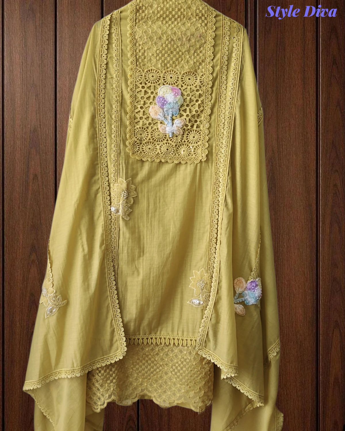 Cotton (Khadi) Pakistani Crochet Lacing Embroidered Unstitched Suit with Designer Dupatta