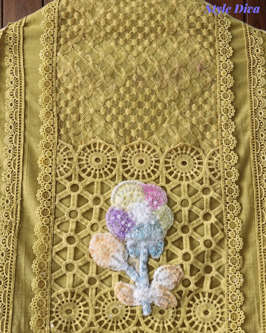 Cotton (Khadi) Pakistani Crochet Lacing Embroidered Unstitched Suit with Designer Dupatta