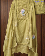 Cotton (Khadi) Pakistani Crochet Lacing Embroidered Unstitched Suit with Designer Dupatta
