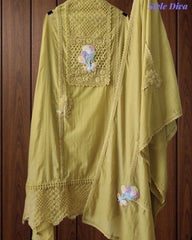 Cotton (Khadi) Pakistani Crochet Lacing Embroidered Unstitched Suit with Designer Dupatta