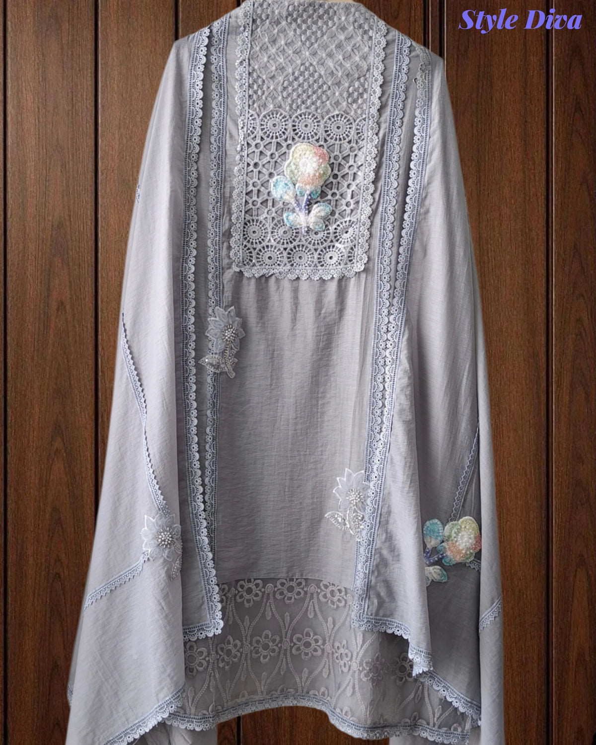 Cotton (Khadi) Pakistani Crochet Lacing Embroidered Unstitched Suit with Designer Dupatta