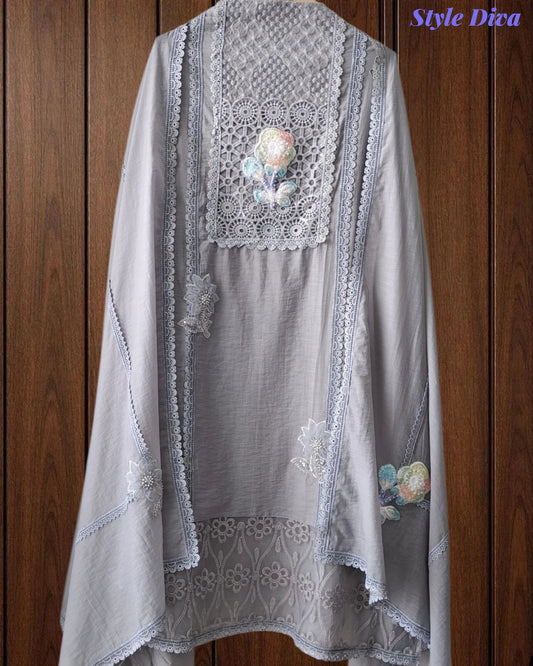 mul cotton  Pakistani Crochet Lacing Embroidered Unstitched Suit with Designer Dupatta