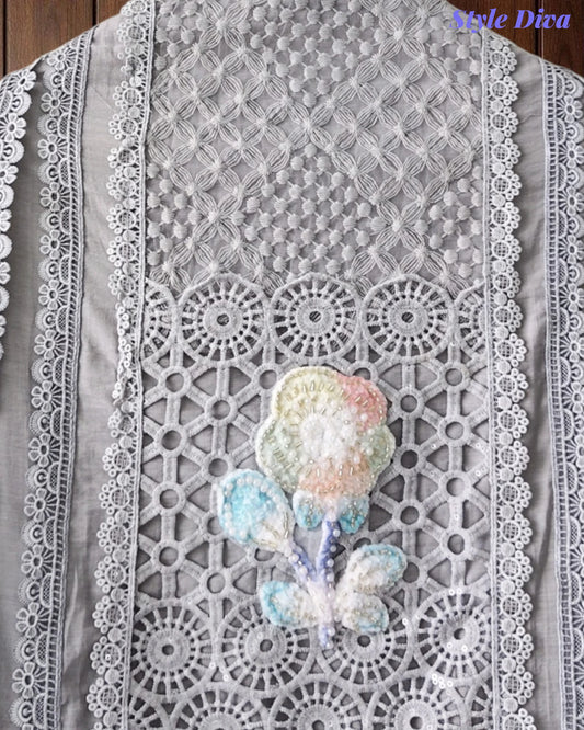 mul cotton  Pakistani Crochet Lacing Embroidered Unstitched Suit with Designer Dupatta