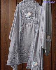 Cotton (Khadi) Pakistani Crochet Lacing Embroidered Unstitched Suit with Designer Dupatta