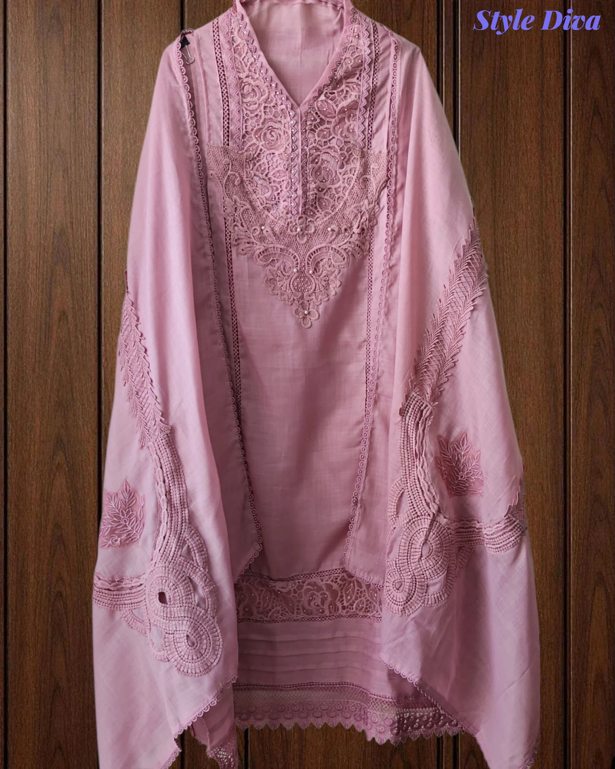 Cotton (Khadi) Pakistani Crochet Lace Semi-Stitched Suit with Dupatta (3 Pc Set)