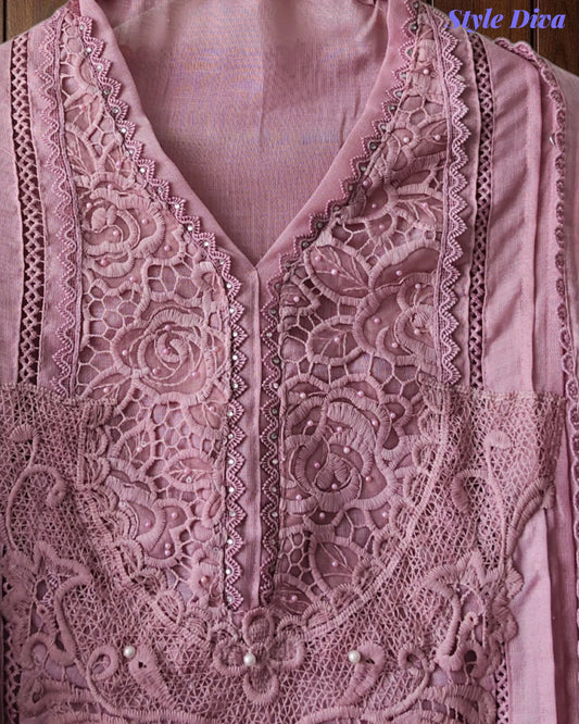Cotton (Khadi) Pakistani Crochet Lace Semi-Stitched Suit with Dupatta (3 Pc Set)