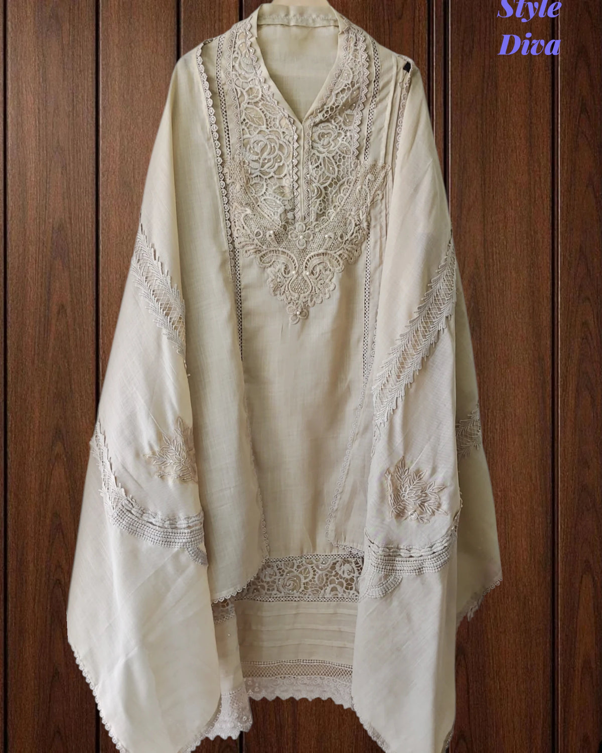 Cotton (Khadi) Pakistani Crochet Lace Semi-Stitched Suit with Dupatta (3 Pc Set)
