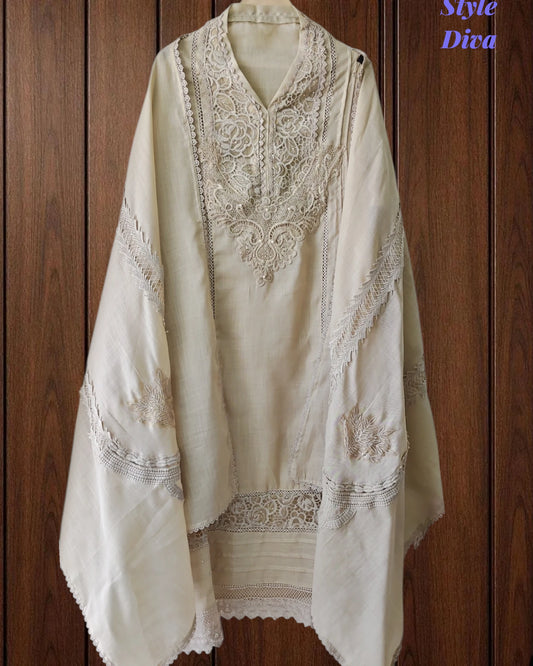 Cotton (Khadi) Pakistani Crochet Lace Semi-Stitched Suit with Dupatta (3 Pc Set)