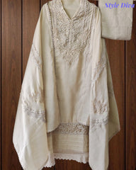 Cotton (Khadi) Pakistani Crochet Lace Semi-Stitched Suit with Dupatta (3 Pc Set)