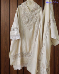 Cotton (Khadi) Pakistani Crochet Lace Semi-Stitched Suit with Dupatta (3 Pc Set)