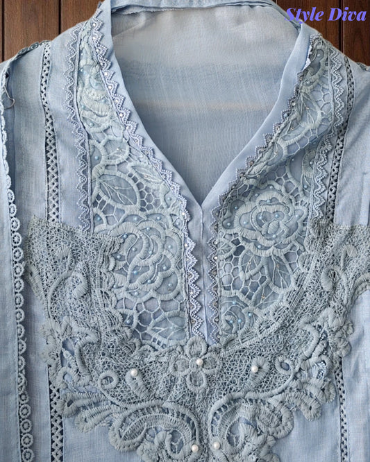 Cotton (Khadi) Pakistani Crochet Lace Semi-Stitched Suit with Dupatta (3 Pc Set)