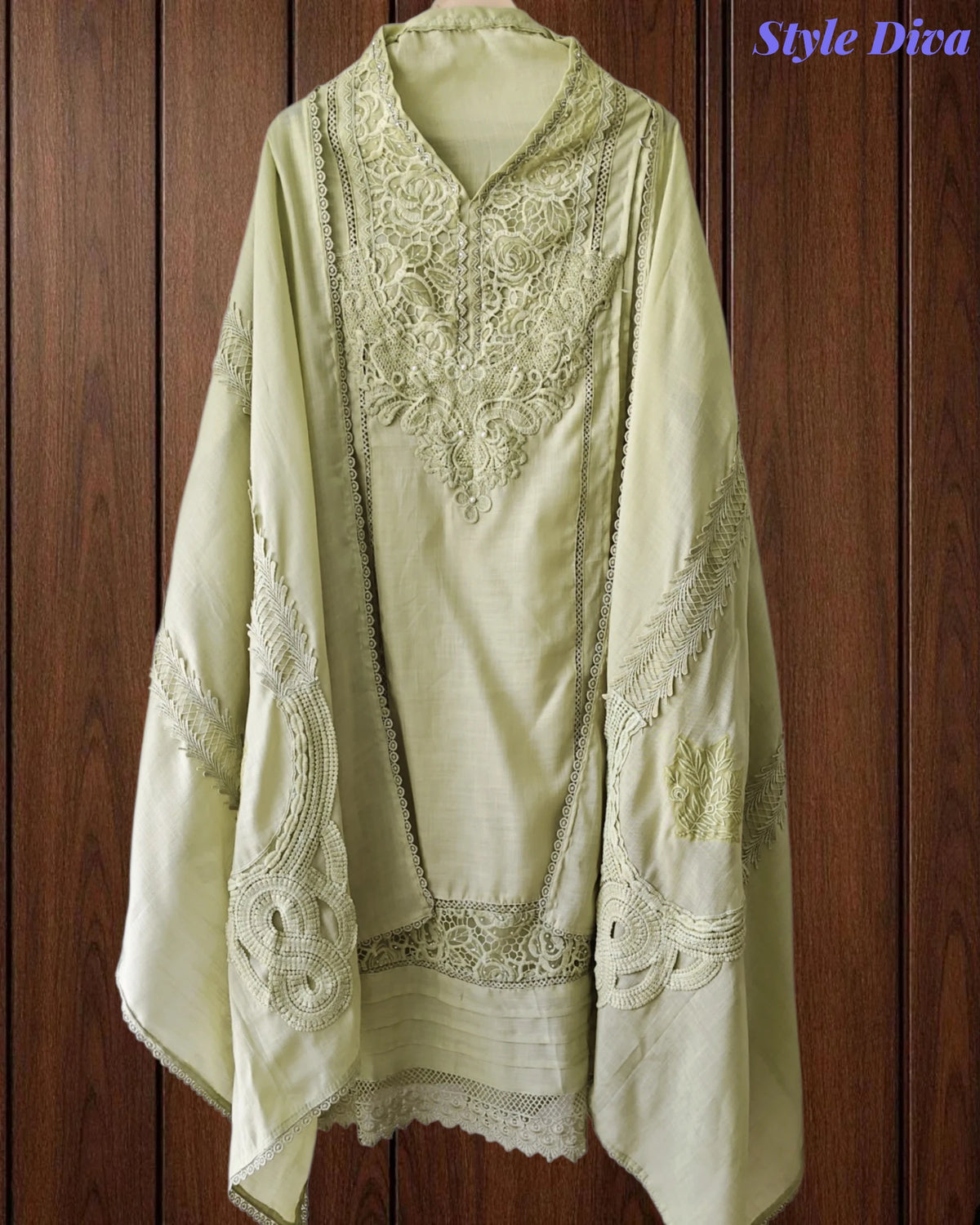 Cotton (Khadi) Pakistani Crochet Lace Semi-Stitched Suit with Dupatta (3 Pc Set) .