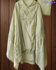 Cotton (Khadi) Pakistani Crochet Lace Semi-Stitched Suit with Dupatta (3 Pc Set) .
