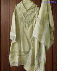 Cotton (Khadi) Pakistani Crochet Lace Semi-Stitched Suit with Dupatta (3 Pc Set) .