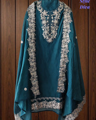 Mul Cotton Unstitched Suit Set with Overall Zari Embroidery