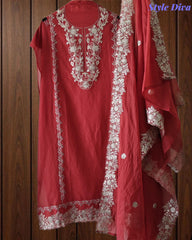 Mul Cotton Unstitched Suit Set with Overall Zari Embroidery