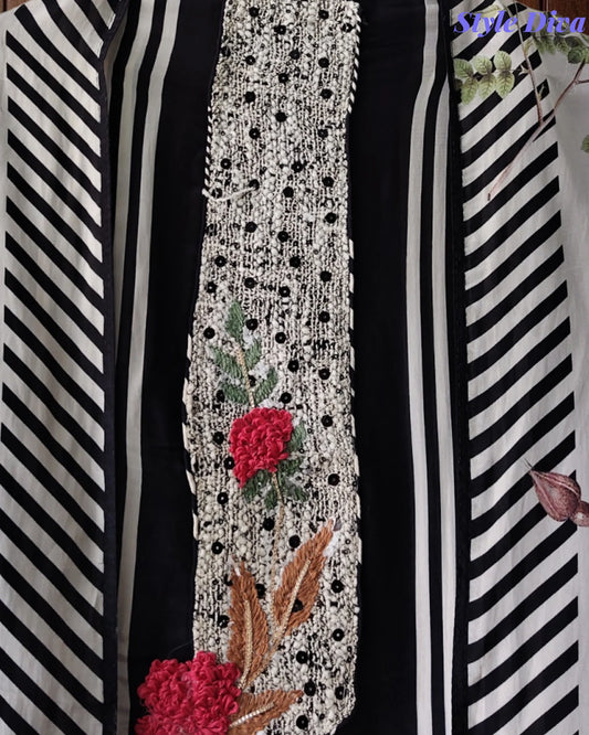 Glass Organza Digital Print Unstitched Suit with Jute Neck Work
