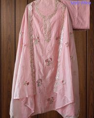 Crush Mul Cotton Block Print Unstitched Suit with Pita Embroidery Detailing