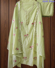 Crush Mul Cotton Block Print Unstitched Suit with Pita Embroidery Detailing