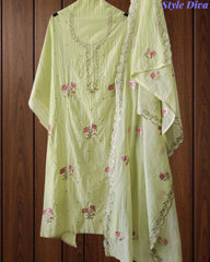Crush Mul Cotton Block Print Unstitched Suit with Pita Embroidery Detailing