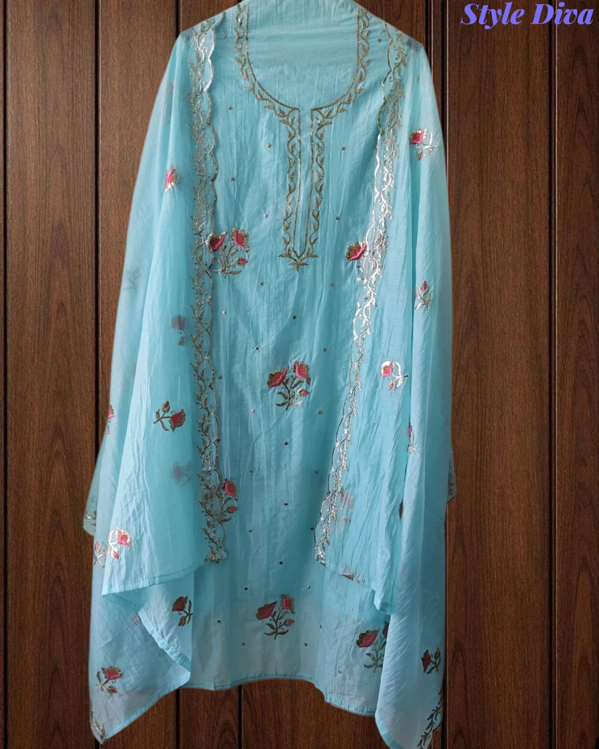Crush Mul Cotton Block Print Unstitched Suit with Pita Embroidery Detailing