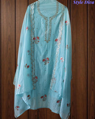 Crush Mul Cotton Block Print Unstitched Suit with Pita Embroidery Detailing