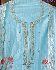 Crush Mul Cotton Block Print Unstitched Suit with Pita Embroidery Detailing