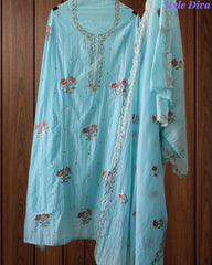 Crush Mul Cotton Block Print Unstitched Suit with Pita Embroidery Detailing