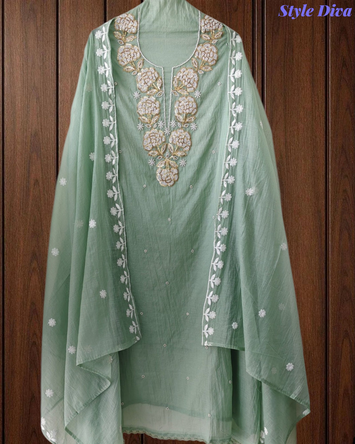 Premium Mul Unstitched Cotton Unstitched Suit with Pearl, Sequin Work & Embroidered Dupatta