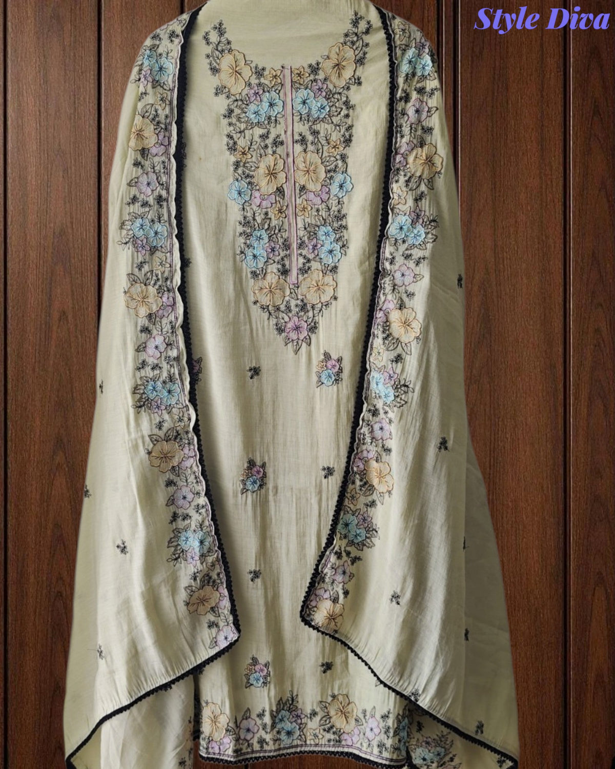Mul Cotton Unstitched Suit with Overall Colorful Embroidery & Embroidery Dupatta