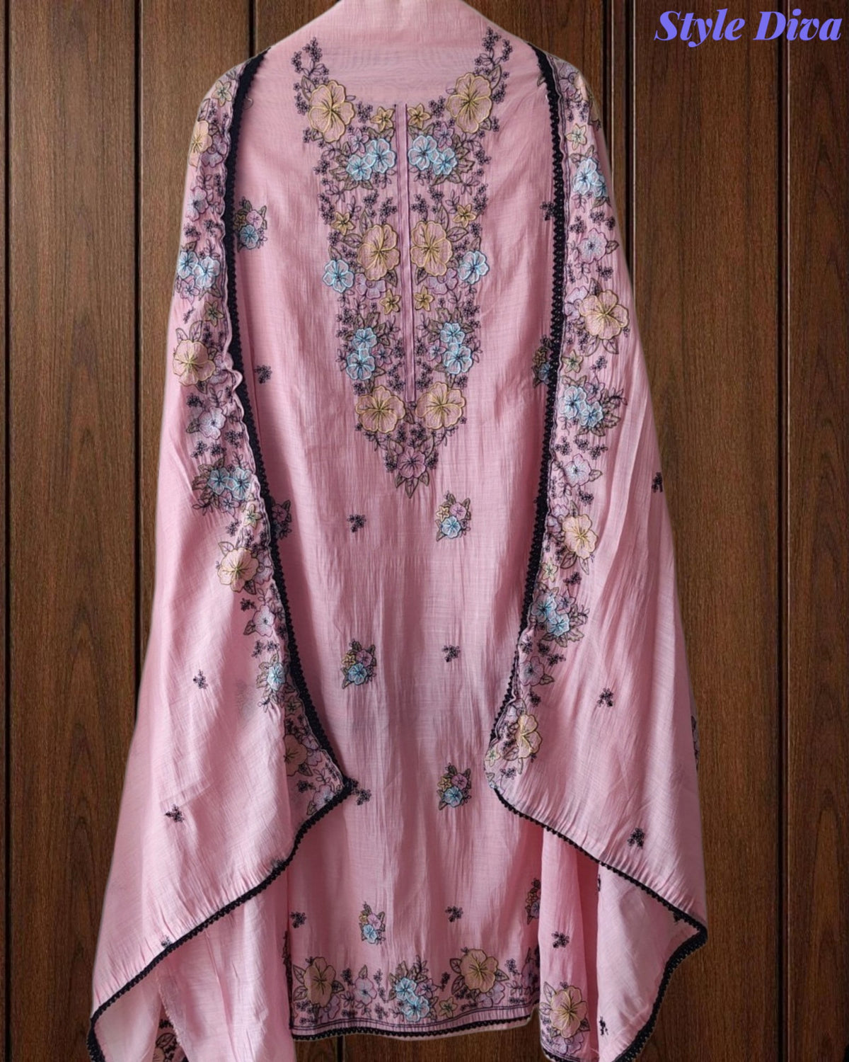 Mul Cotton Unstitched Suit with Overall Colorful Embroidery & Embroidery Dupatta