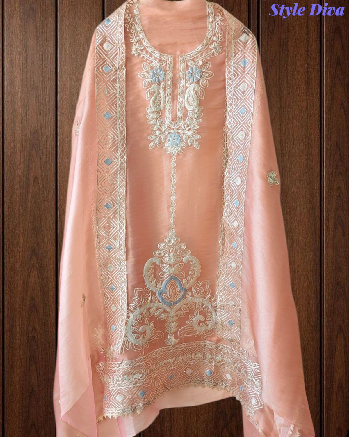 SD1114 - Elegant Shimmer Tissue Unstitched  Suit with Overall Gotta Work, Embroidery & Matching Dupatta