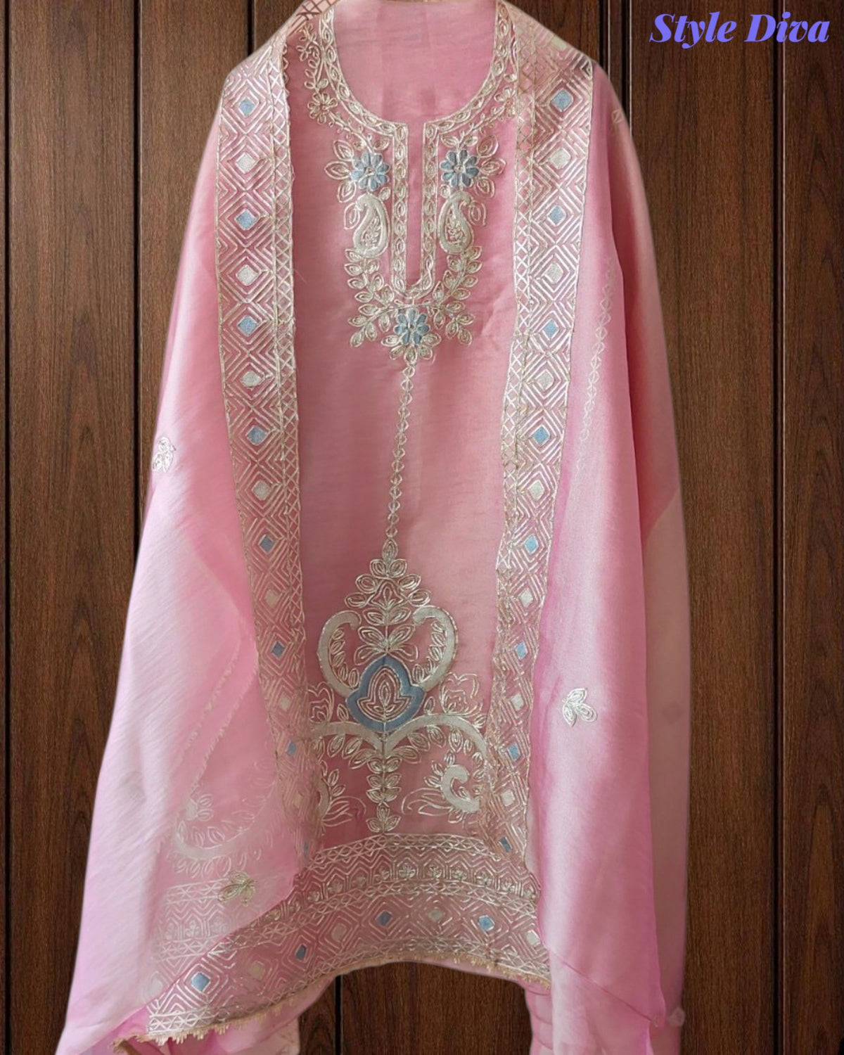 SD1114 - Elegant Shimmer Tissue Unstitched  Suit with Overall Gotta Work, Embroidery & Matching Dupatta