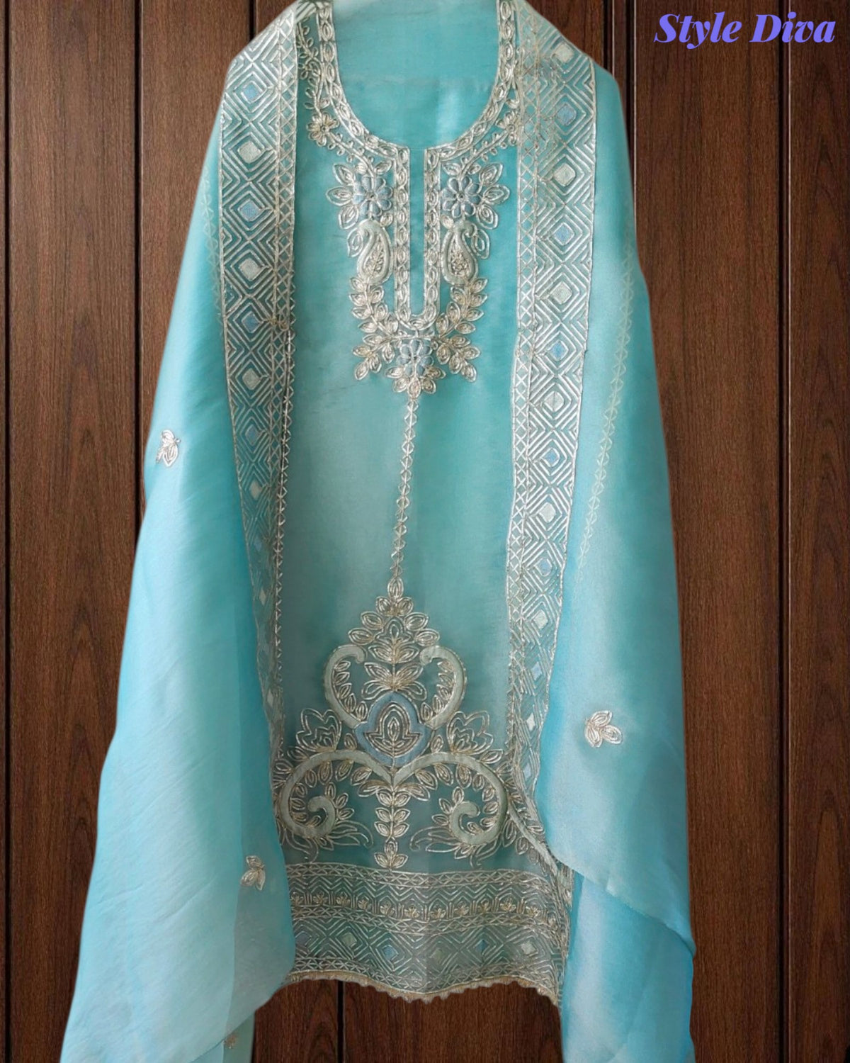 SD1114 - Elegant Shimmer Tissue Unstitched  Suit with Overall Gotta Work, Embroidery & Matching Dupatta
