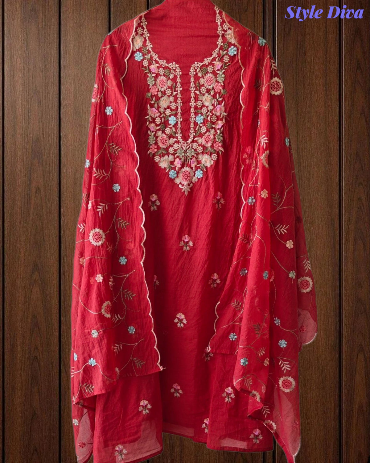 SD1111 - Elegant Crush Mul Cotton Unstitched Suit with Colorful Embroidery on Kurta & Dupatta