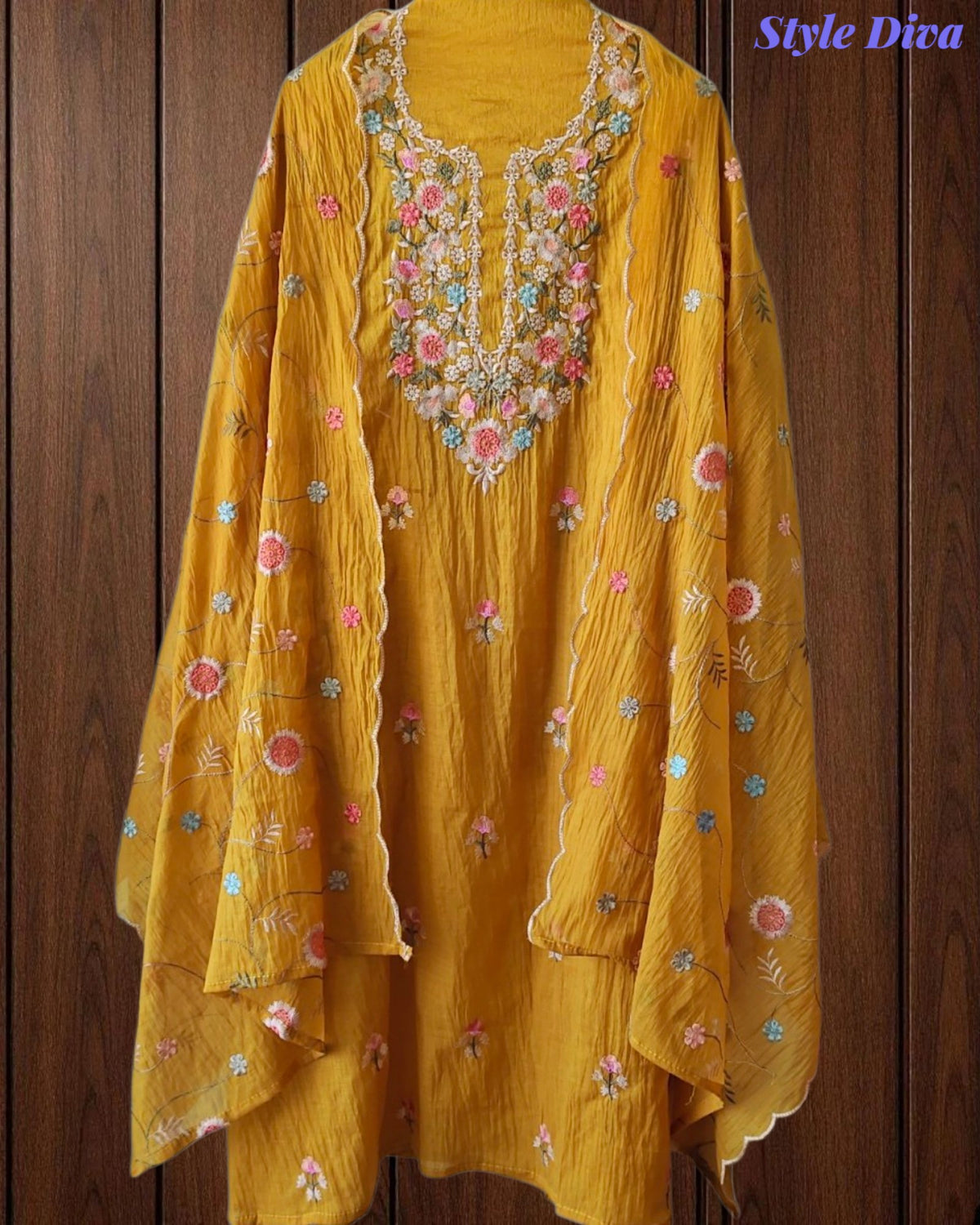 SD1111 - Elegant Crush Mul Cotton Unstitched Suit with Colorful Embroidery on Kurta & Dupatta