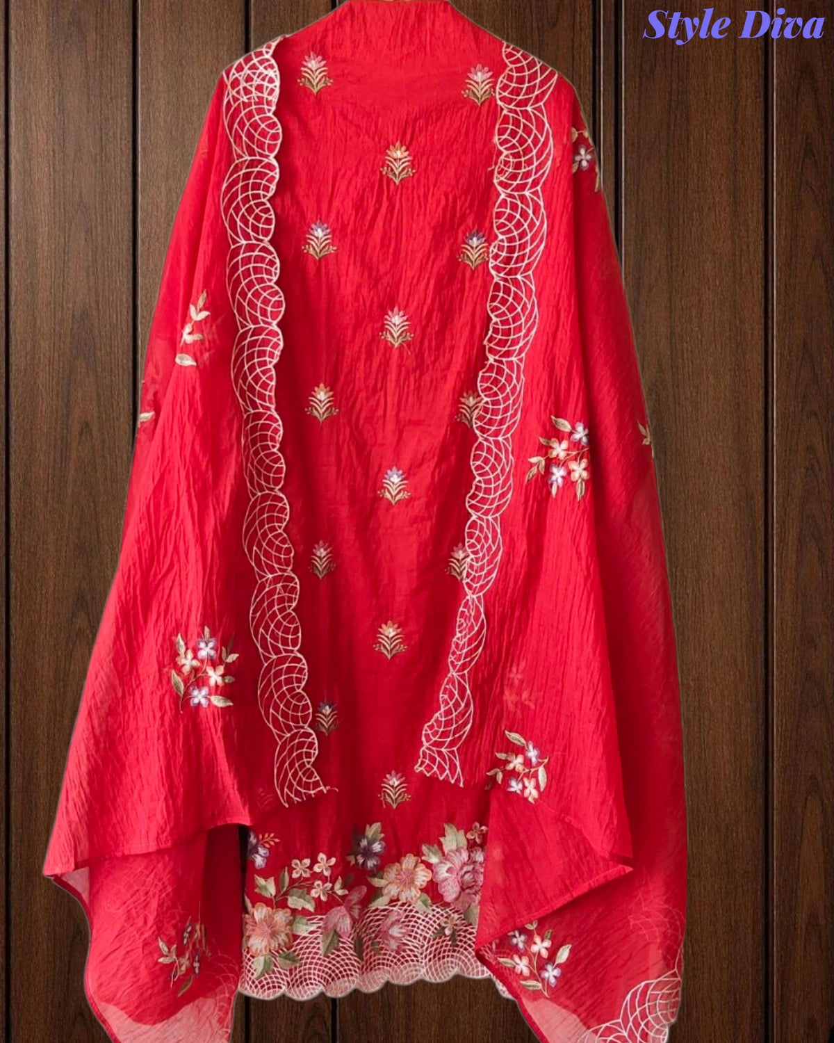SD1140 - Elegant Mul Cotton Unstitched Suit with Parsi Embroidery Work & Scalloped Edge Dupatta