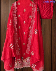 SD1140 - Elegant Mul Cotton Unstitched Suit with Parsi Embroidery Work & Scalloped Edge Dupatta
