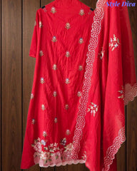 SD1140 - Elegant Mul Cotton Unstitched Suit with Parsi Embroidery Work & Scalloped Edge Dupatta
