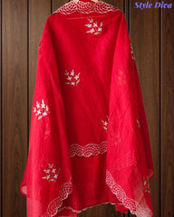 SD1140 - Elegant Mul Cotton Unstitched Suit with Parsi Embroidery Work & Scalloped Edge Dupatta