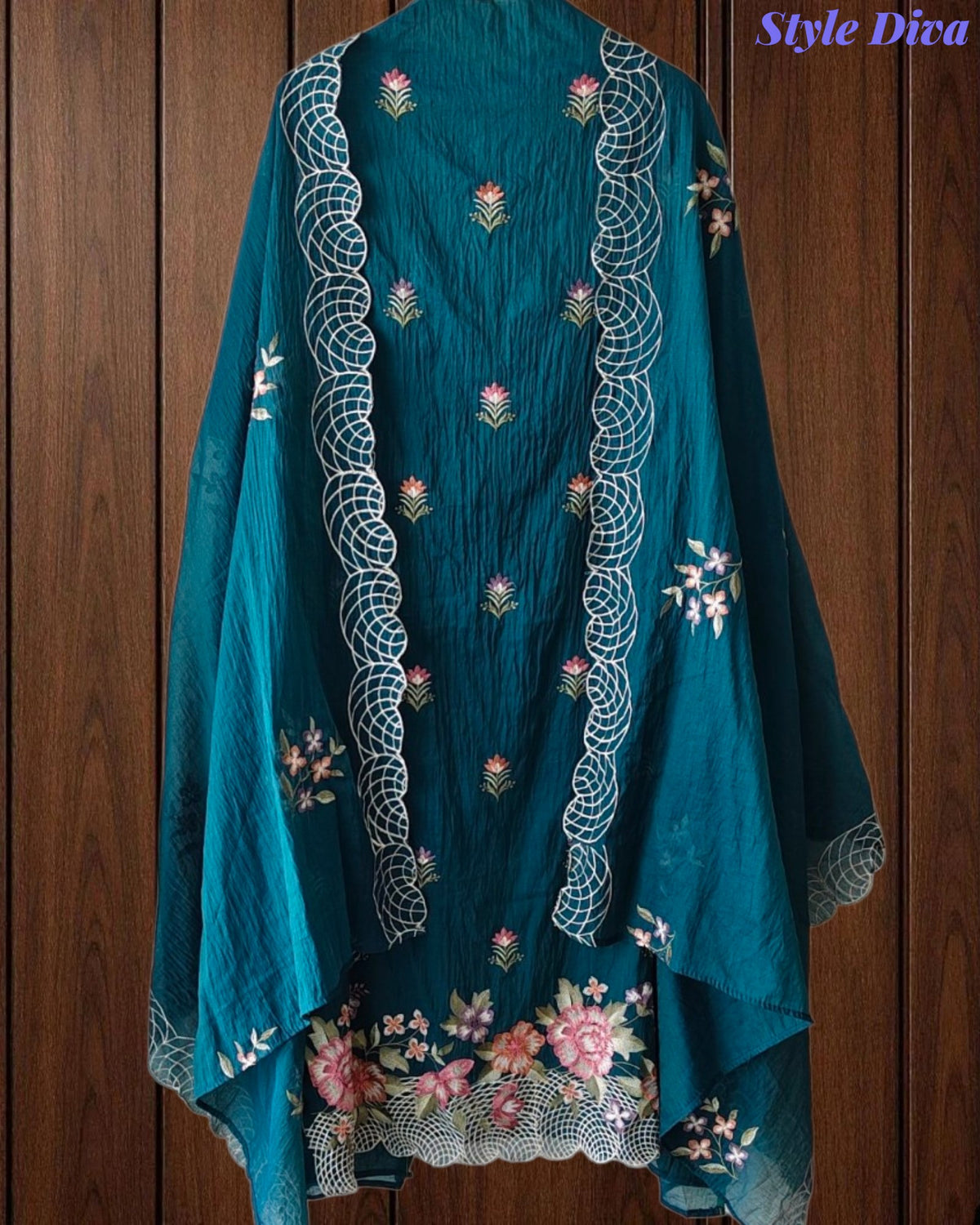 SD1140 - Elegant Mul Cotton Unstitched Suit with Parsi Embroidery Work & Scalloped Edge Dupatta