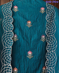 SD1140 - Elegant Mul Cotton Unstitched Suit with Parsi Embroidery Work & Scalloped Edge Dupatta