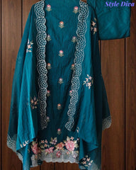 SD1140 - Elegant Mul Cotton Unstitched Suit with Parsi Embroidery Work & Scalloped Edge Dupatta